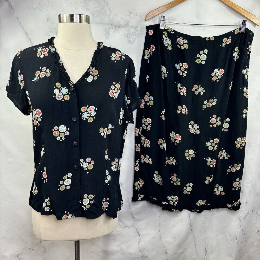 Vintage 90s 2 Piece Blouse Skirt Midi Black floral S L Grunge Whimsigoth Motif